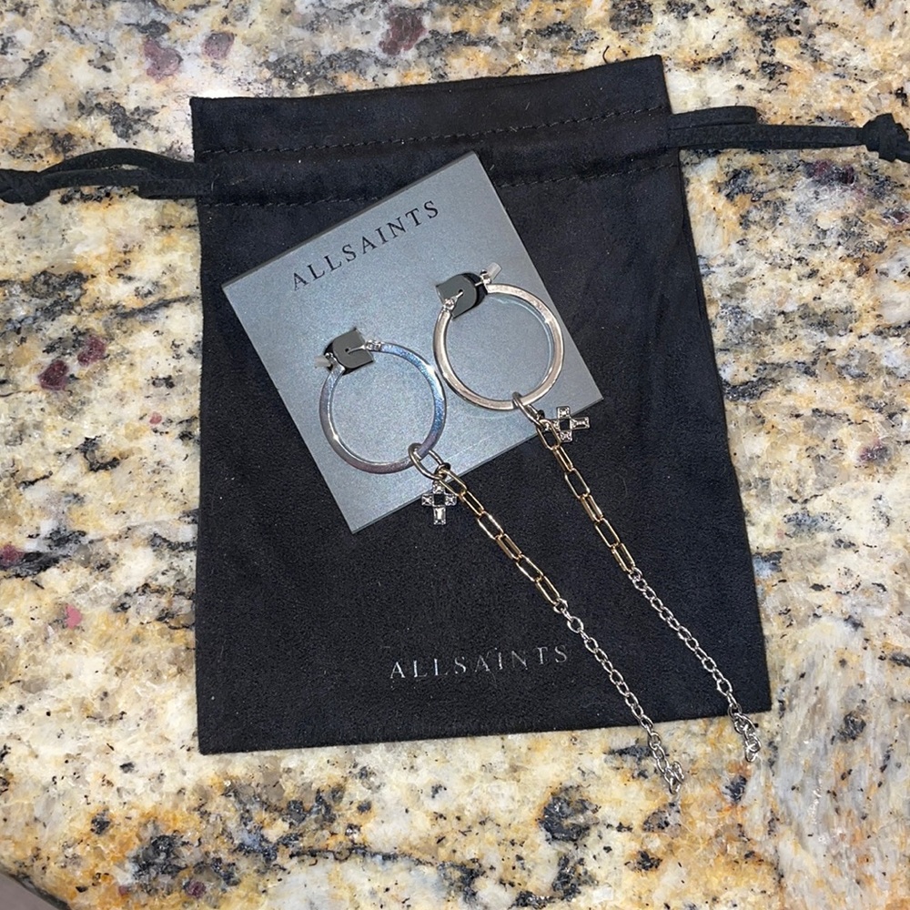 ALL SAINTS EARRINGS. Always cool, dangly loop earrings with 2 chain and cross